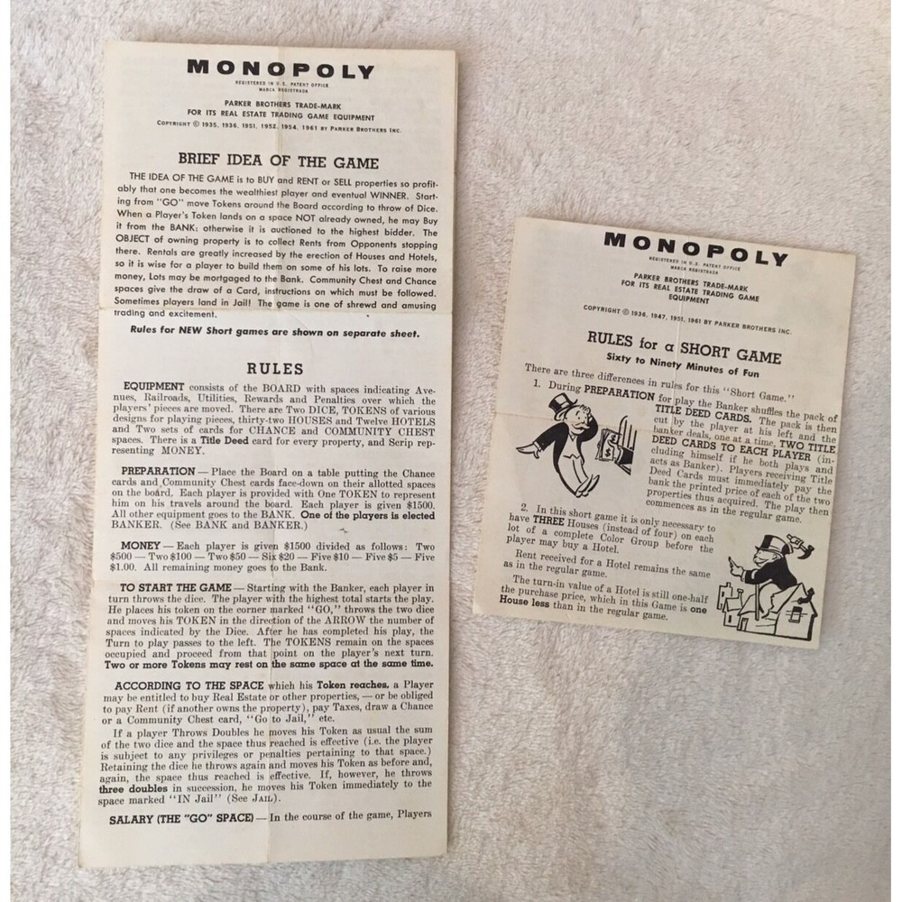 Vintage Parker Brothers Monopoly Game Directions C. 1936- 1961 Paper